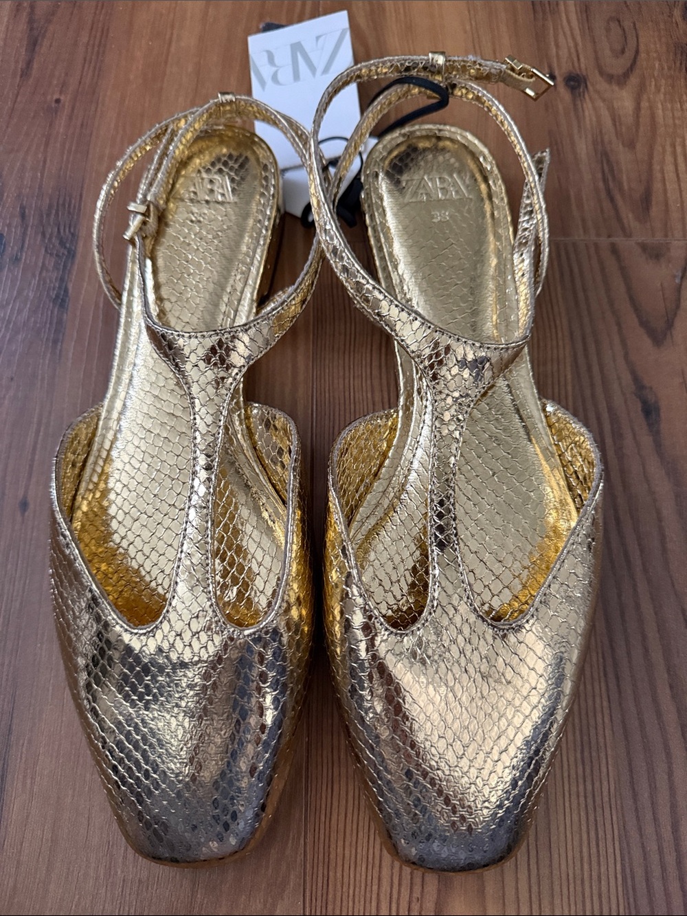 Zara Metallic Gold T-Strap Flats